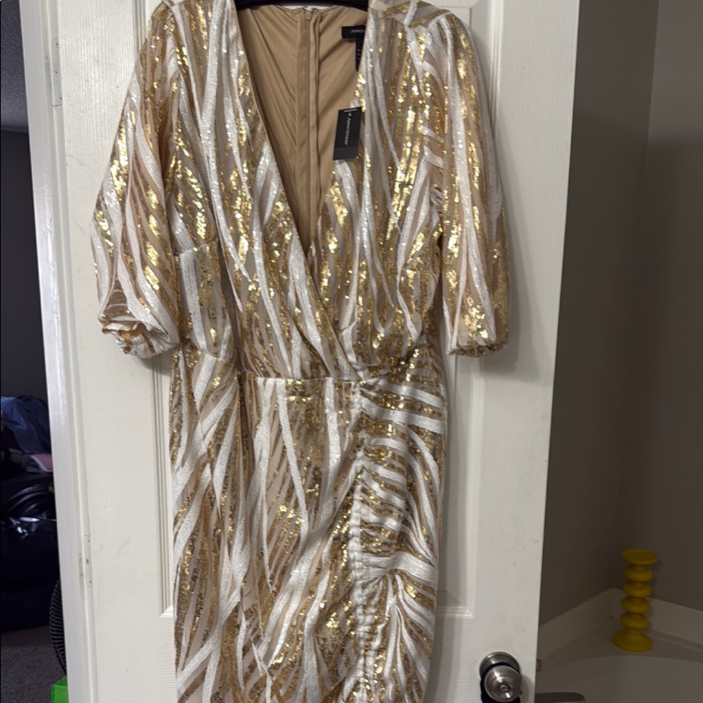 Ashley Stewart Tan Gold Sheath Dress Plunge Neckline